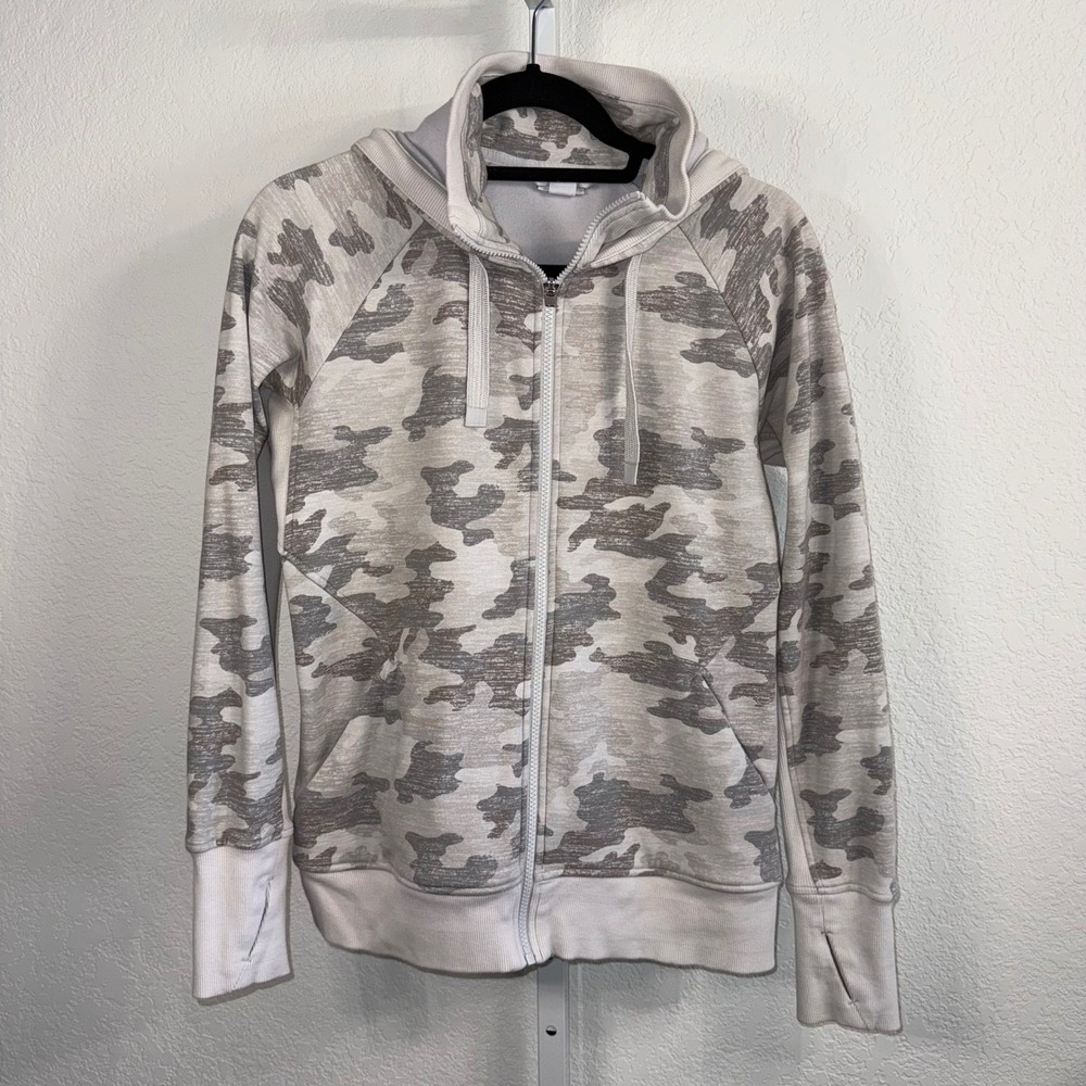 Athleta Camo Full Zip Hoodie Women's Medium Gray Hooded Sweatshirt Pockets